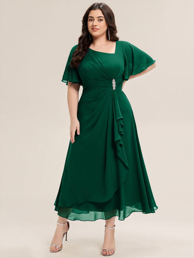 pretty LILOU| Plus Size Pleated Chiffon Ruffle Sleeve Wedding Guest Dress