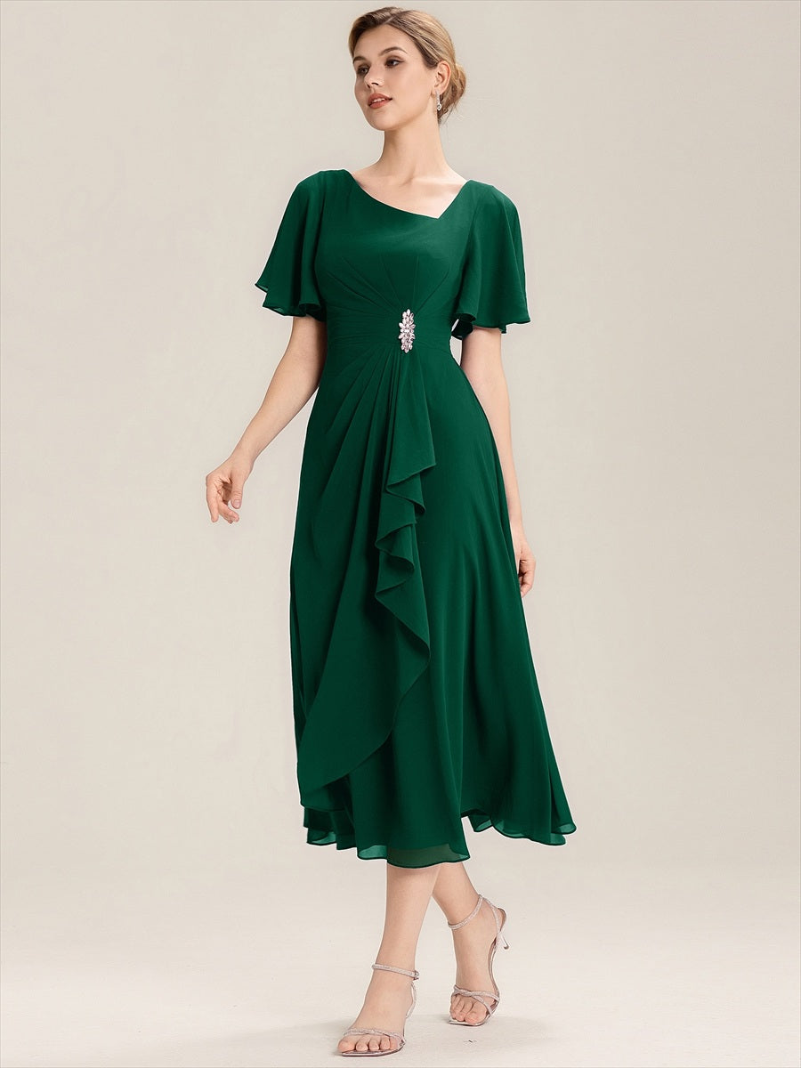 Elegant Chiffon Ruffle Sleeve Formal Dress #color_Dark Green