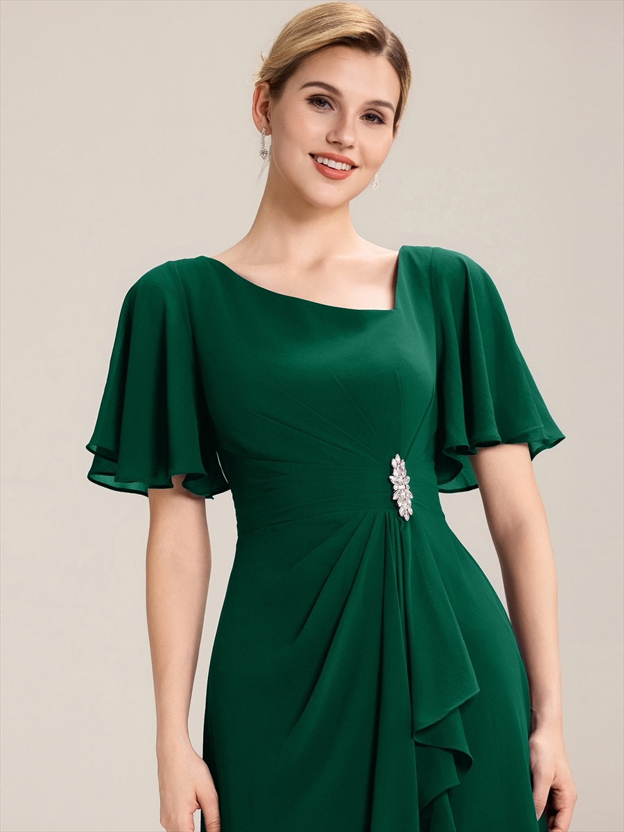 Pleated Chiffon Ruffle Sleeve Midi Dress #color_Dark Green