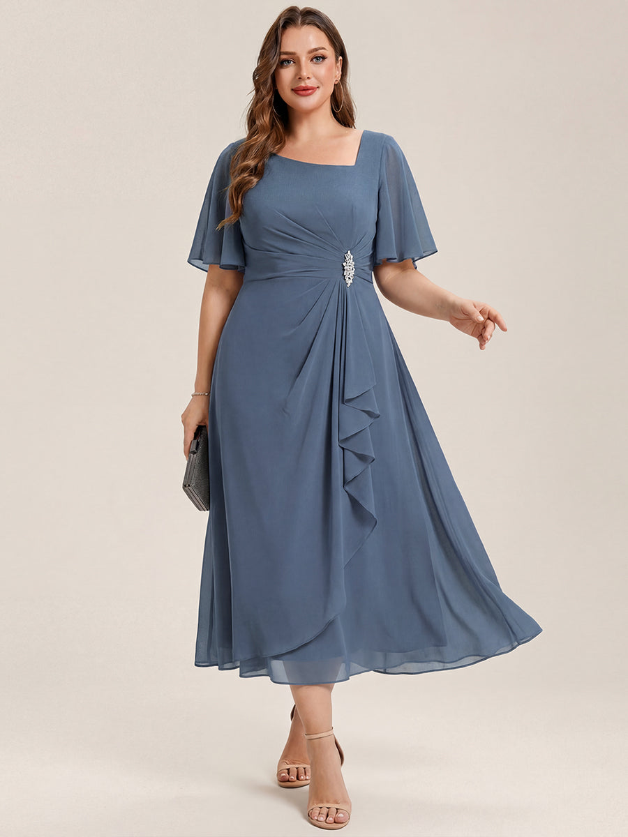 Pleated Chiffon Ruffle Sleeve Midi Dress #color_Dusty Blue