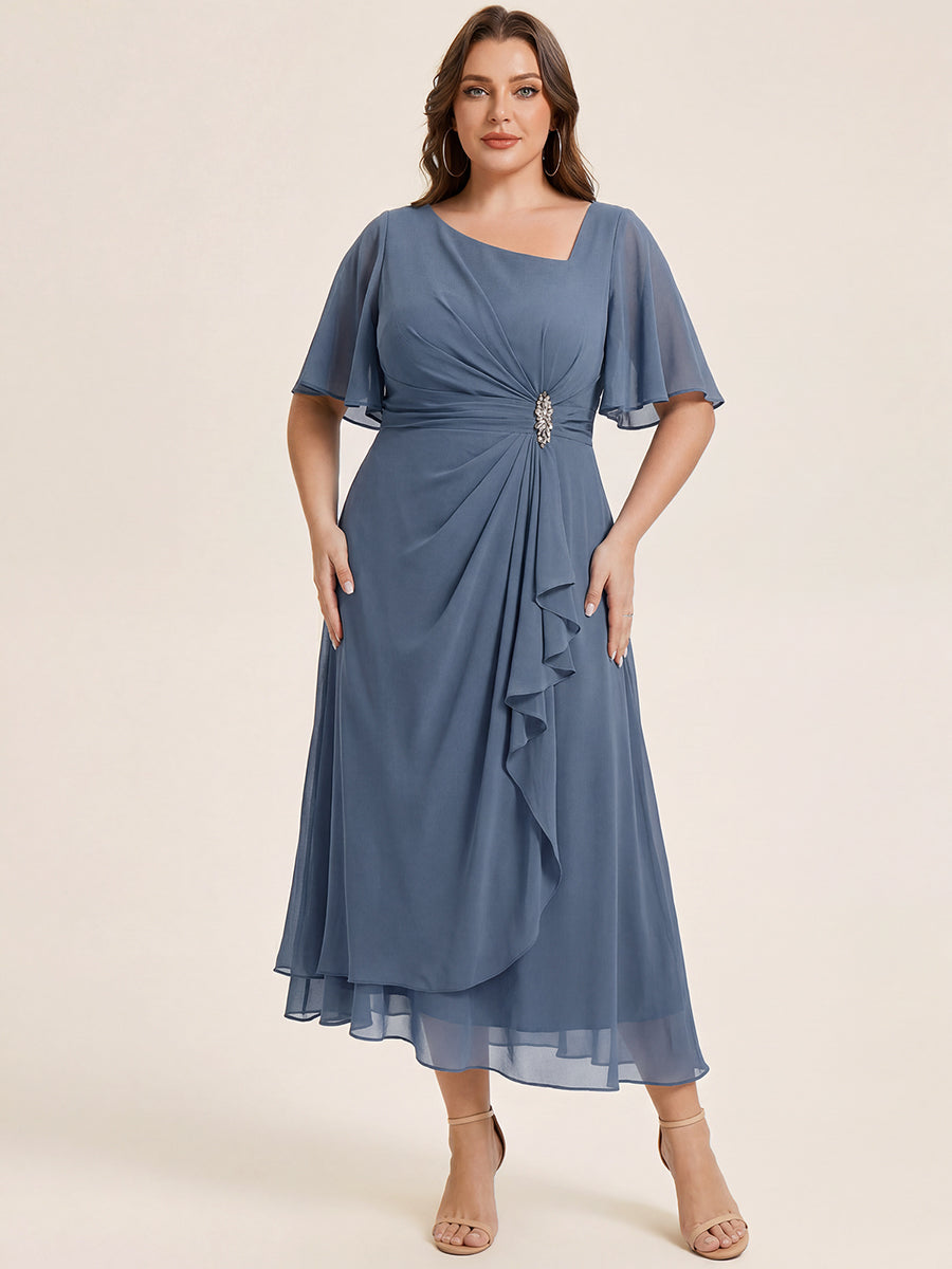 Plus Size Pleated Chiffon Ruffle Sleeve Midi Dress #color_Dusty Blue