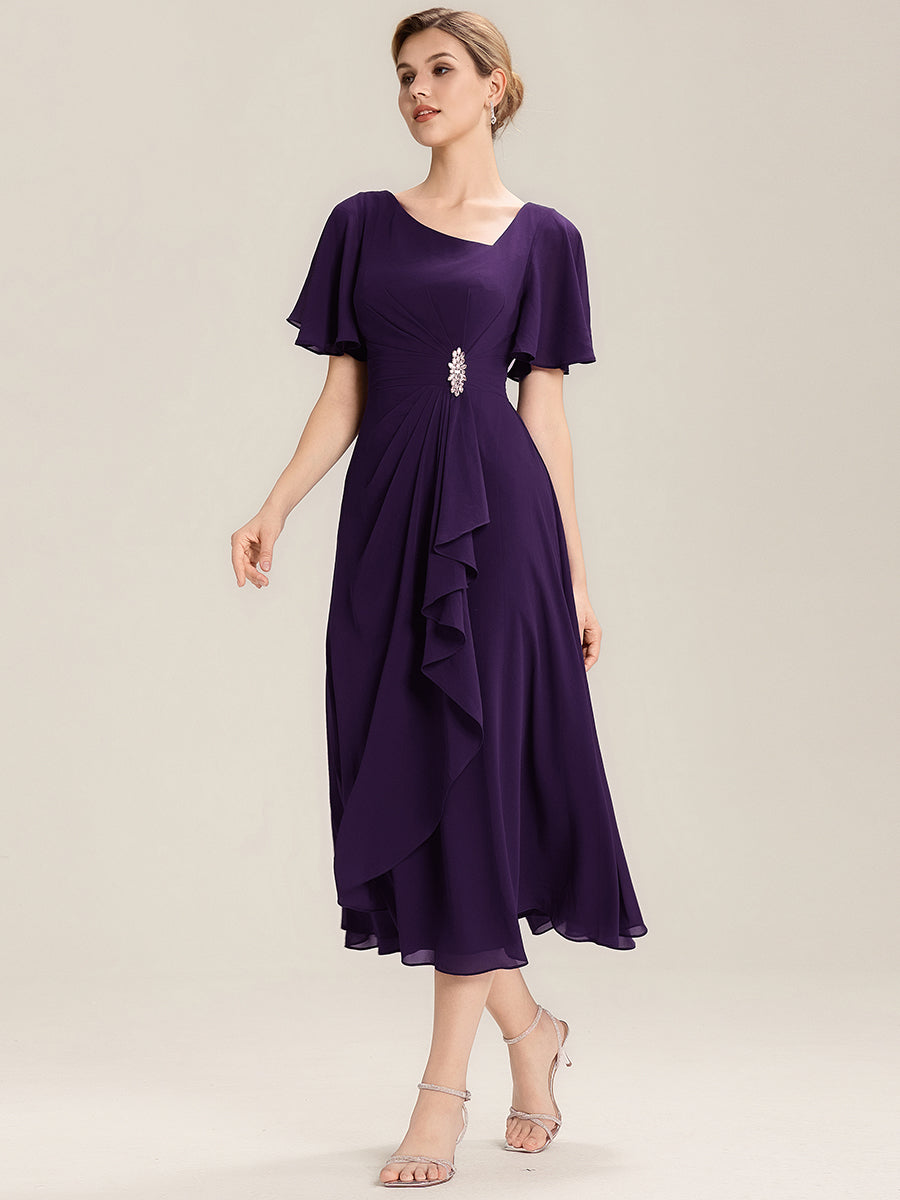 Ruffle Sleeve Chiffon Midi Mother of the Bride Dress #color_Dark Purple