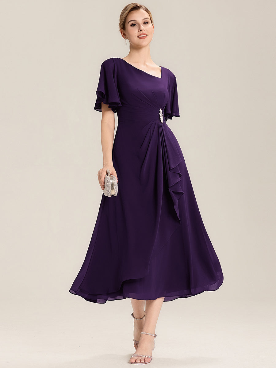 Elegant Chiffon Ruffle Sleeve Formal Dress #color_Dark Purple
