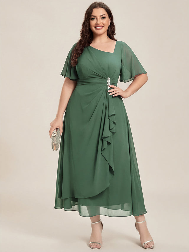 Plus Size Rhinestone Embellished Chiffon Ruffle Sleeve Evening Dress