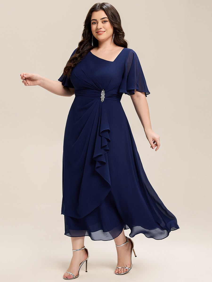Plus Size Pleated Chiffon Ruffle Sleeve Midi Dress #color_Navy Blue