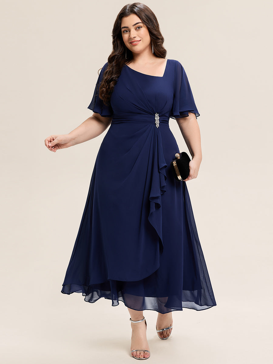 Plus Size Pleated Chiffon Ruffle Sleeve Midi Dress #color_Navy Blue