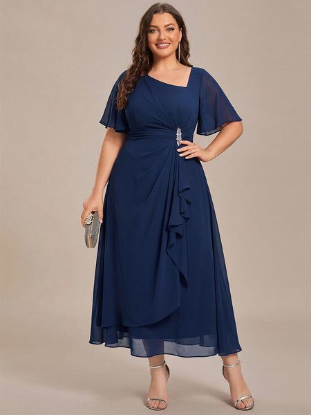 Ever-Pretty Inclusive Plus Size Rhinestone Embellished Chiffon Ruffle Sleeve Evening Dress