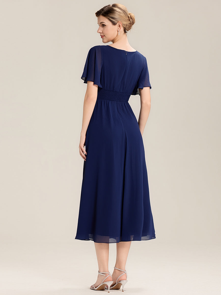 Pleated Chiffon Ruffle Sleeve Midi Dress #color_Navy Blue