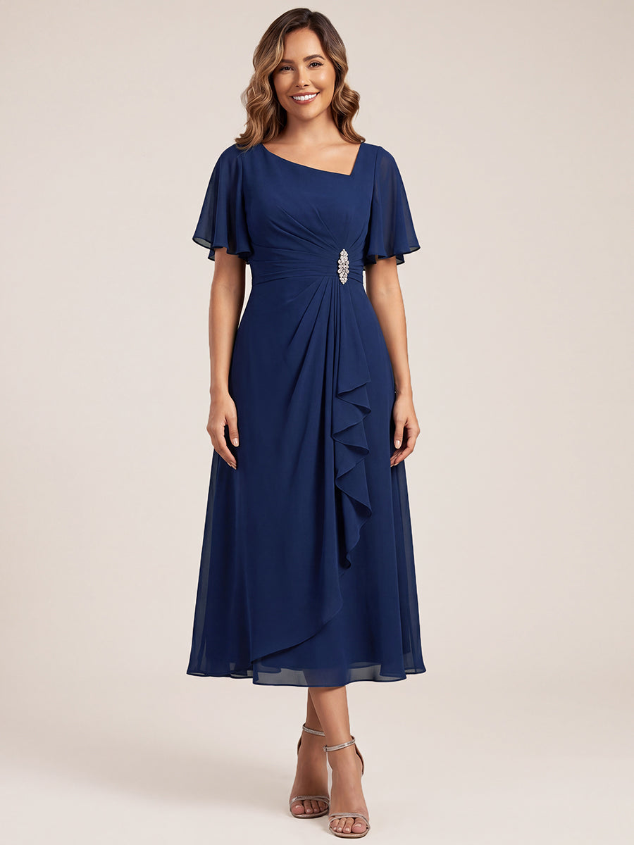 mother of the bride midi dresses with sleeves Zapaka Women Dusty Blue Lace A-Line Dress Half Tea Length Wedding Guest Bride Dress, Grey Blue / US6 Eva Fashion Style Ever-Pretty Rhinestone Embellished Chiffon Ruffle