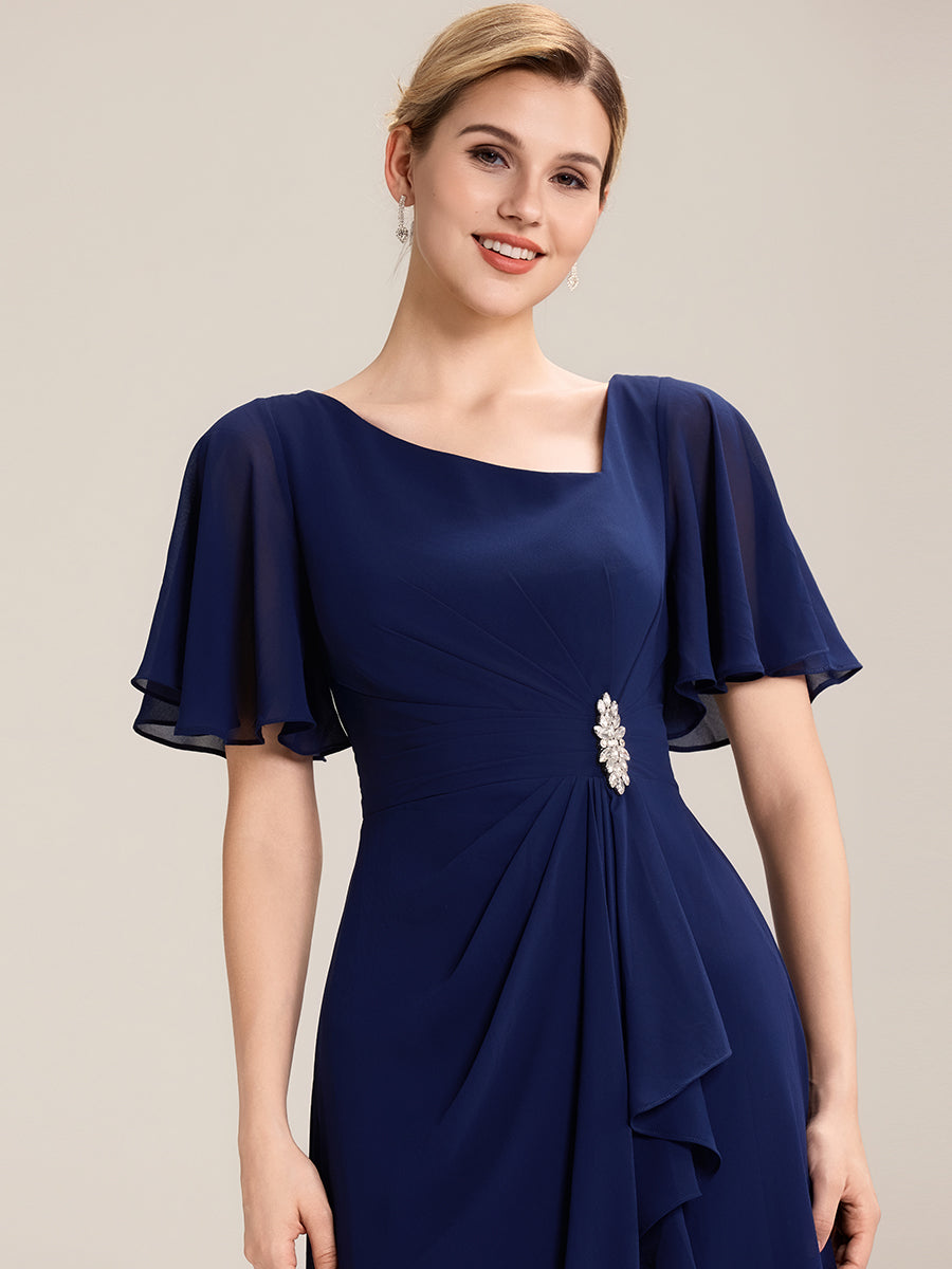 Pleated Chiffon Ruffle Sleeve Midi Dress #color_Navy Blue