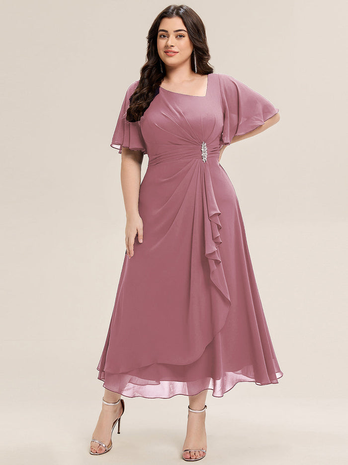Plus Size Rhinestone Embellished Chiffon Ruffle Sleeve Evening Dress