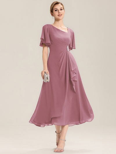 Ruffle Sleeve Chiffon Midi Mother of the Bride Dress #color_Purple Orchid