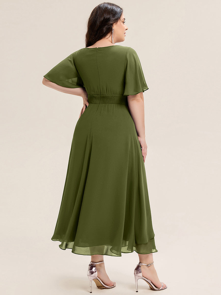 Plus Size Pleated Chiffon Ruffle Sleeve Midi Dress #color_Olive Green