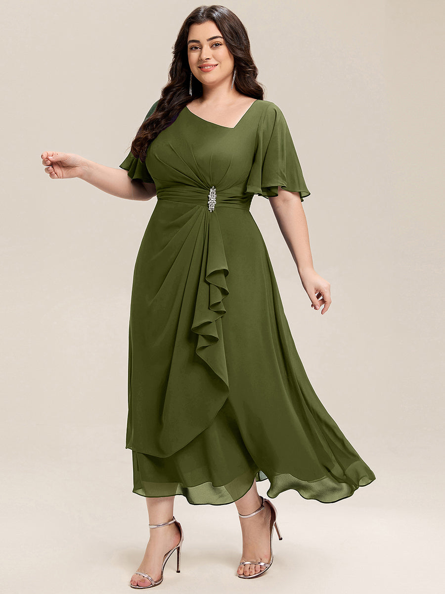 Pleated Chiffon Ruffle Sleeve Midi Dress #color_Olive Green