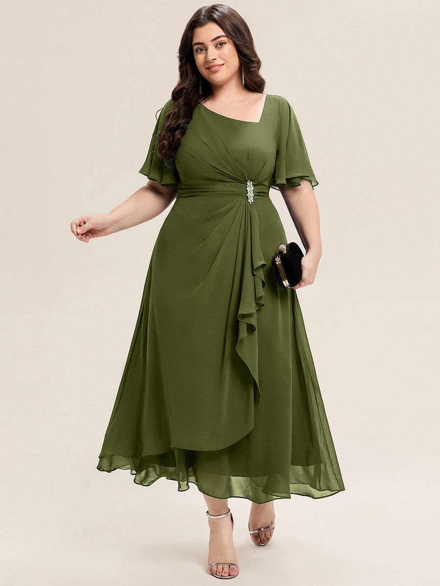 Plus Size Pleated Chiffon Ruffle Sleeve Midi Dress #color_Olive Green