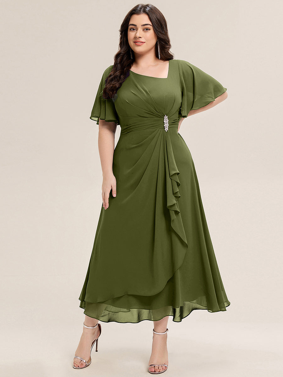 Plus Size Pleated Chiffon Ruffle Sleeve Midi Dress #color_Olive Green