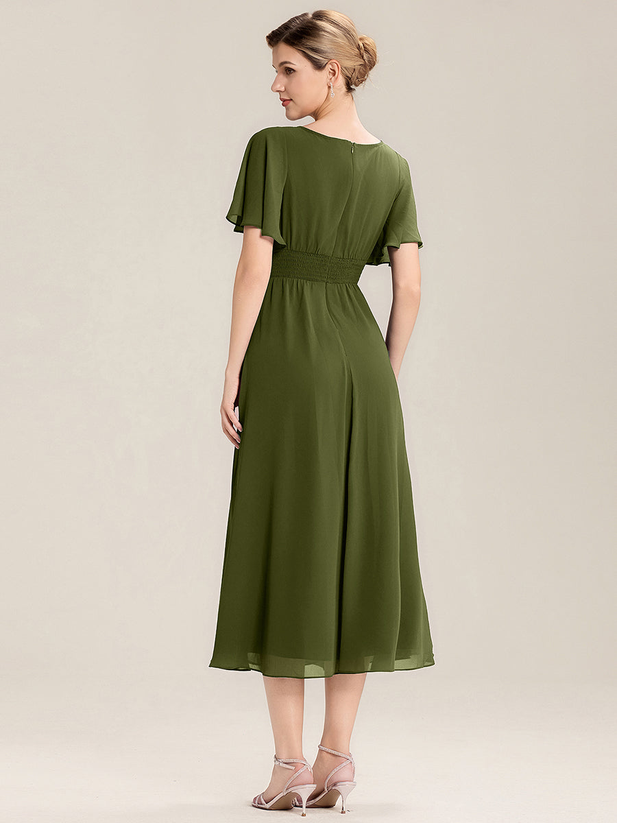 Pleated Chiffon Ruffle Sleeve Midi Dress #color_Olive Green
