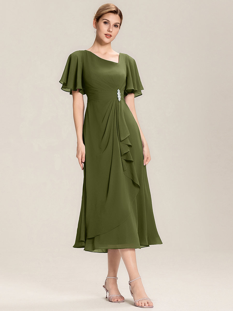 Pleated Chiffon Ruffle Sleeve Midi Dress #color_Olive Green