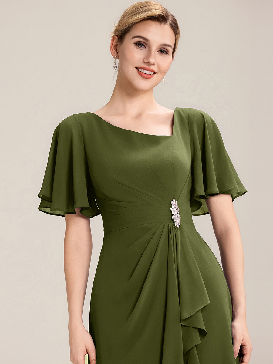 Pleated Chiffon Ruffle Sleeve Midi Dress #color_Olive Green