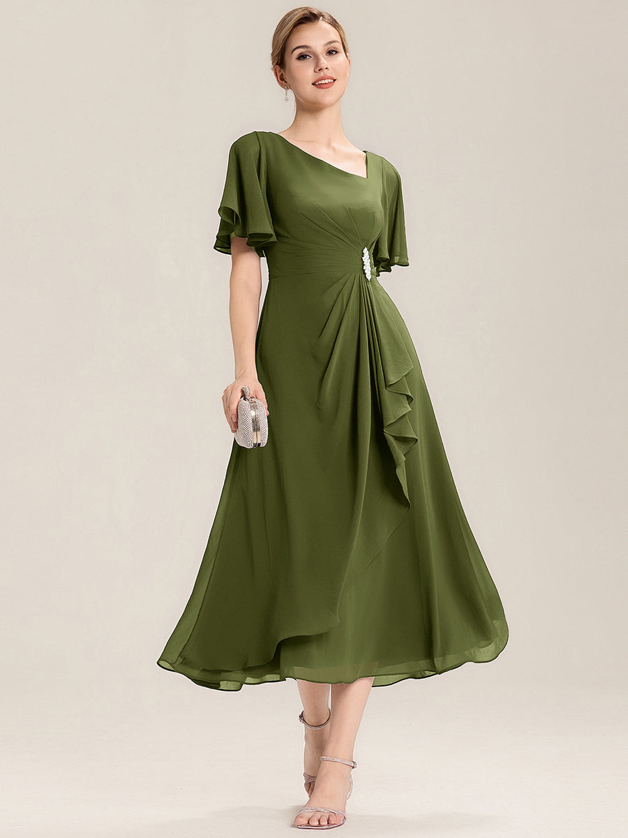 Pleated Chiffon Ruffle Sleeve Midi Dress #color_Olive Green