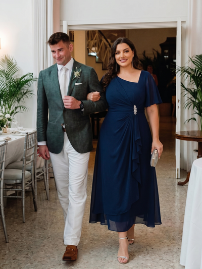 Ruffle Sleeve Chiffon Midi Mother of the Bride Dress #color_Navy Blue