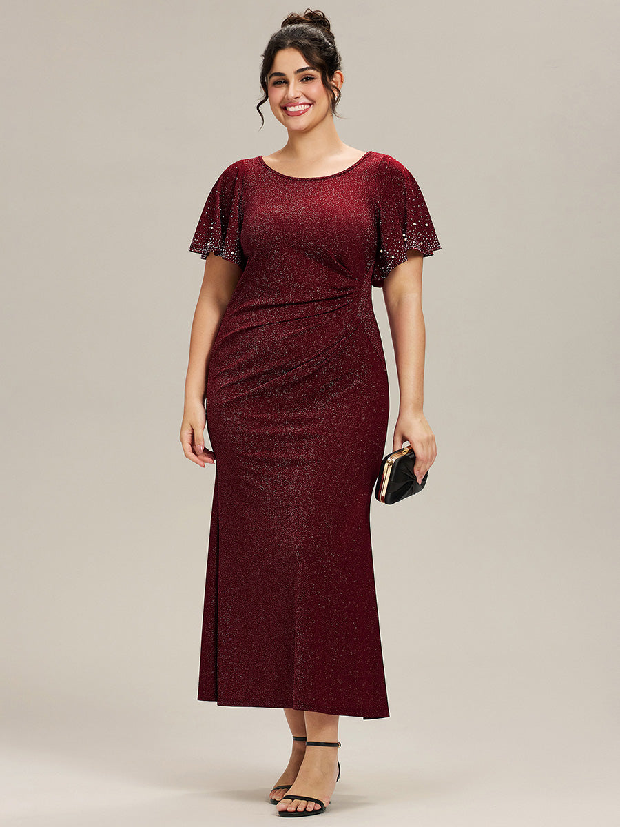 Plus Size Sequin Ruffle Sleeve Evening Dress #color_Burgundy