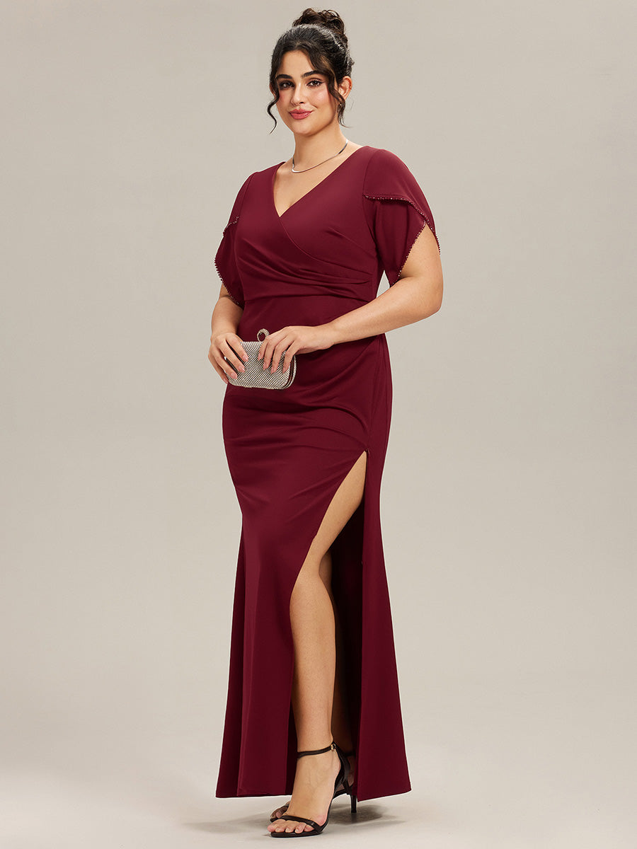 Thigh-High Slit Knit Tulip Sleeve Evening Dress #color_Burgundy