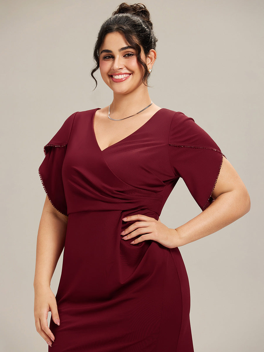 Thigh-High Slit Knit Tulip Sleeve Evening Dress #color_Burgundy