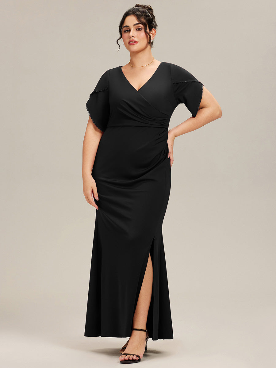 Thigh-High Slit Knit Tulip Sleeve Evening Dress #color_Black
