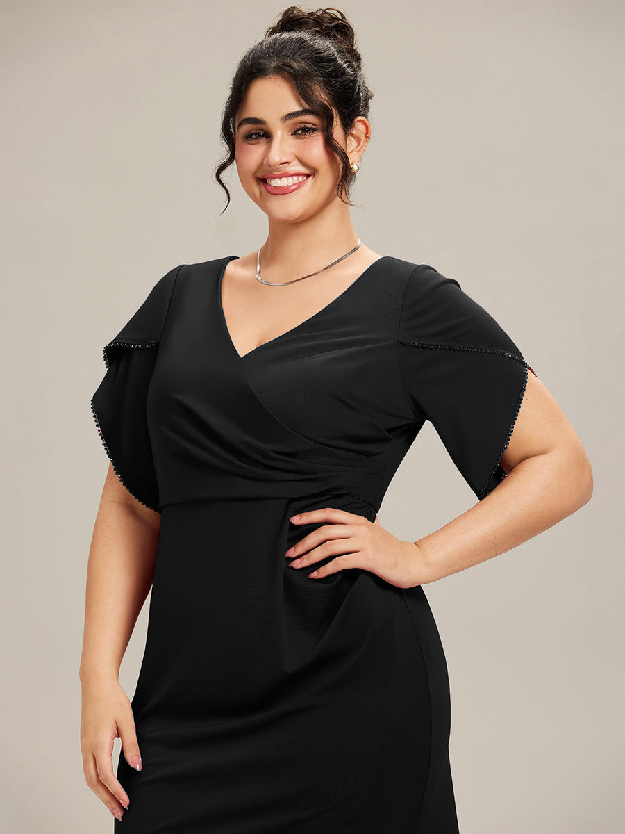 Thigh-High Slit Knit Tulip Sleeve Evening Dress #color_Black