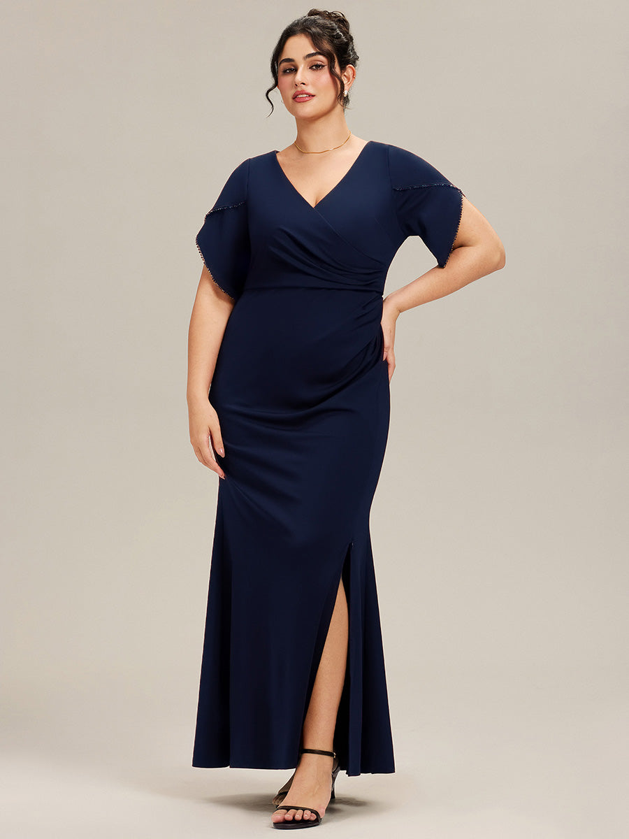 Thigh-High Slit Knit Tulip Sleeve Evening Dress #color_Navy Blue