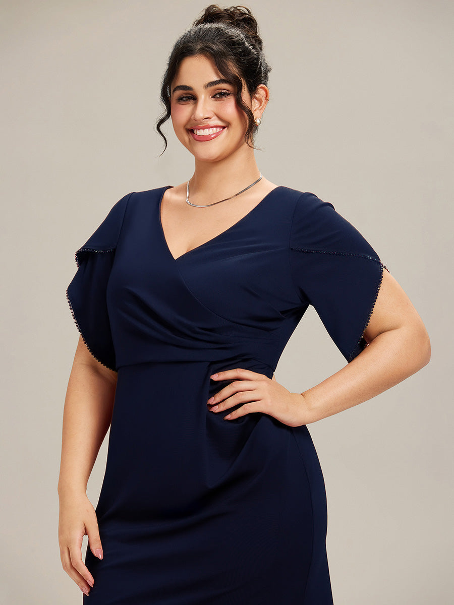 Thigh-High Slit Knit Tulip Sleeve Evening Dress #color_Navy Blue
