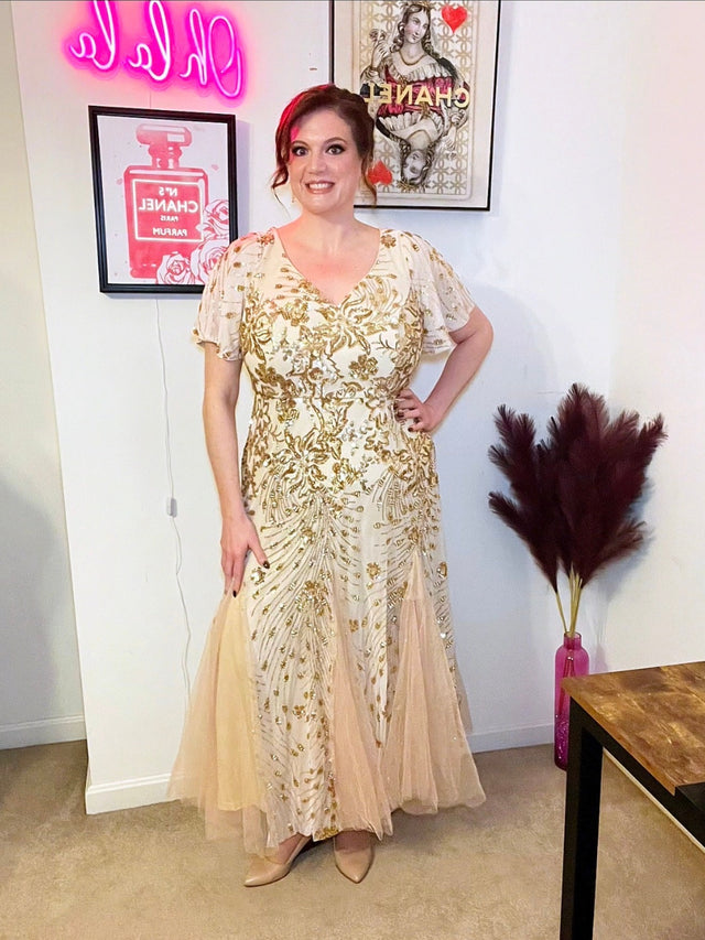 ever ANNIKA| Embroidered Sequin Ruffle Sleeve Evening Dress Fan Photos 4
