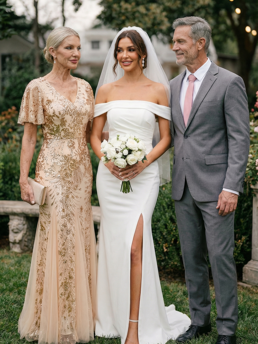 Embroidered Sequin Ruffle Sleeve Evening Dress #color_Gold