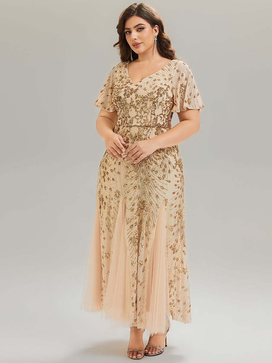 Plus Size Embroidered Sequin Ruffle Sleeve Evening Dress #color_Gold