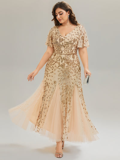 Plus Size Embroidered Sequin Ruffle Sleeve Evening Dress #color_Gold