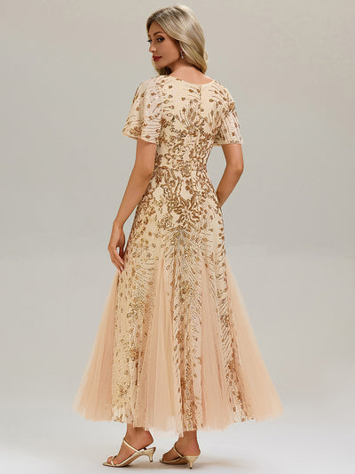 Embroidered Sequin Ruffle Sleeve Evening Dress #color_Gold