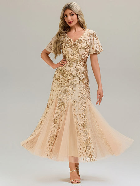 Sequin Embroidered V-Neck Formal Dress for Mother of the Bride & Wedding  Guest