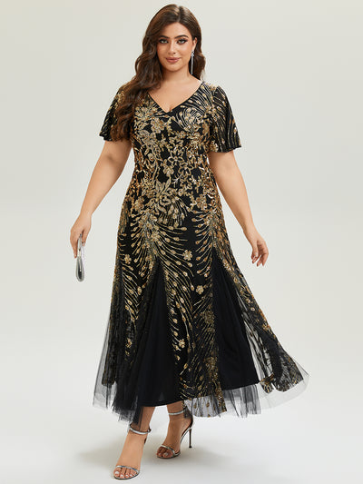 Plus Size Embroidered Sequin Ruffle Sleeve Evening Dress #color_Black & Gold