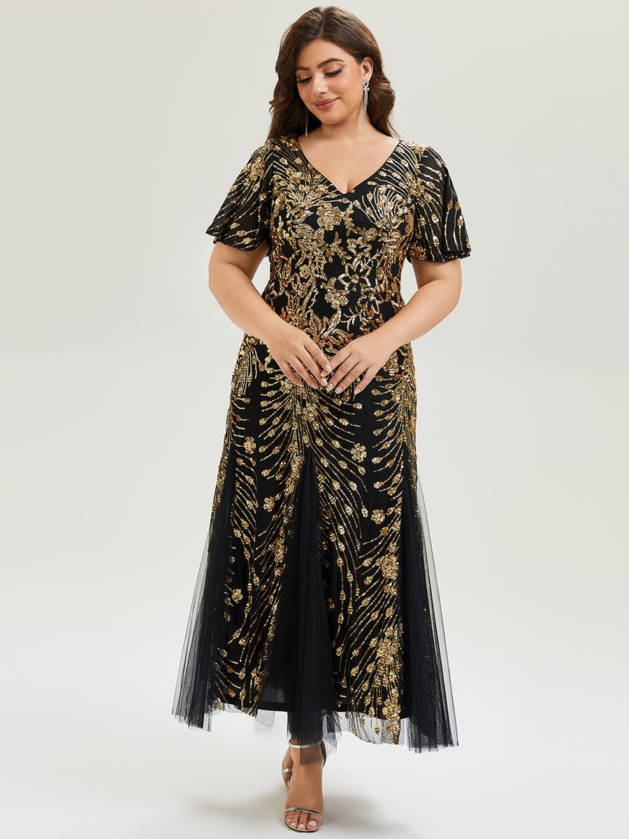 Plus Size Embroidered Sequin Ruffle Sleeve Evening Dress #color_Black & Gold