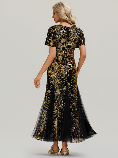 Embroidered Sequin Ruffle Sleeve Evening Dress #color_Black & Gold