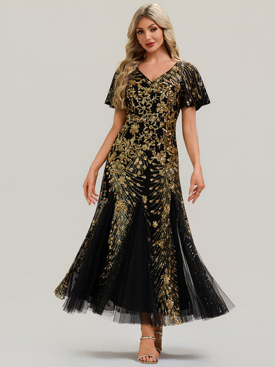Embroidered Sequin Ruffle Sleeve Evening Dress #color_Black & Gold