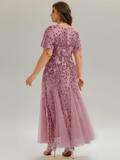Plus Size Embroidered Sequin Ruffle Sleeve Evening Dress #color_Purple Orchid