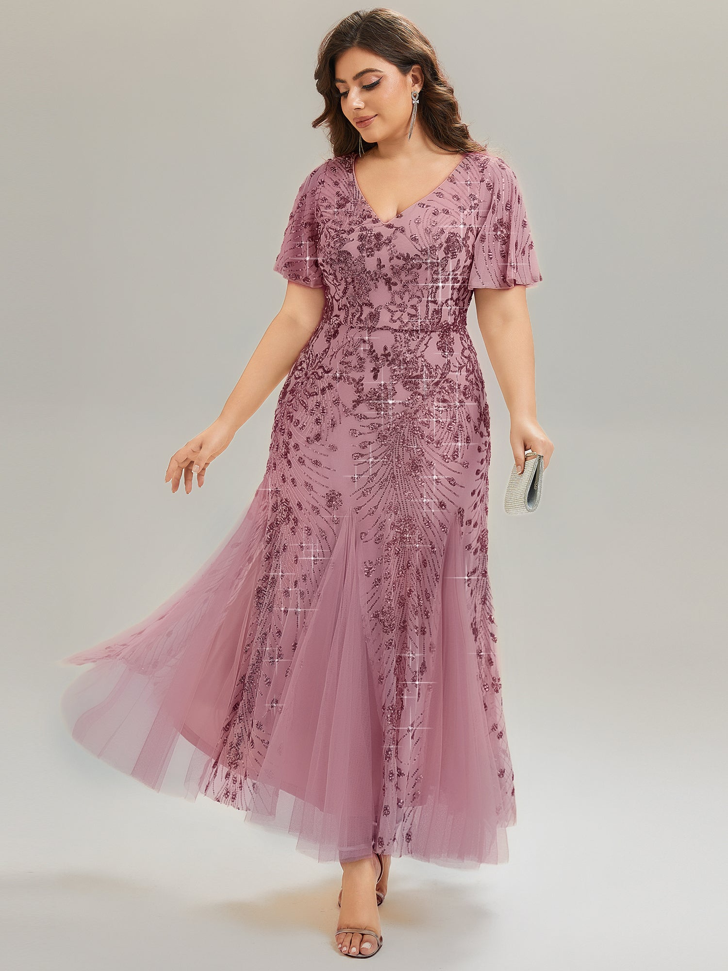 Plus Size Embroidered Sequin Ruffle Sleeve Evening Dress #color_Purple Orchid