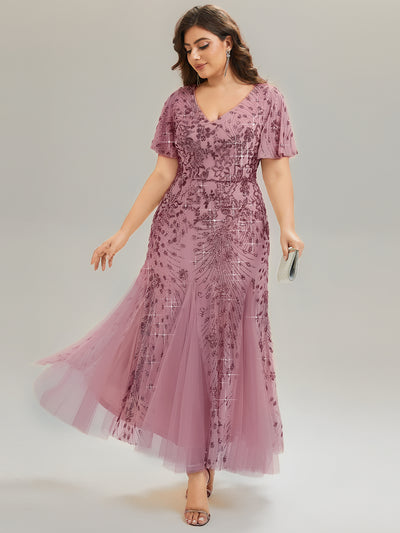 Plus Size Embroidered Sequin Ruffle Sleeve Evening Dress #color_Purple Orchid