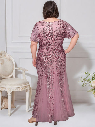 Plus Size Embroidered Sequin Ruffle Sleeve Evening Dress #color_Purple Orchid