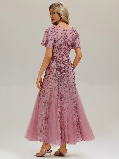 Embroidered Sequin Ruffle Sleeve Evening Dress #color_Purple Orchid