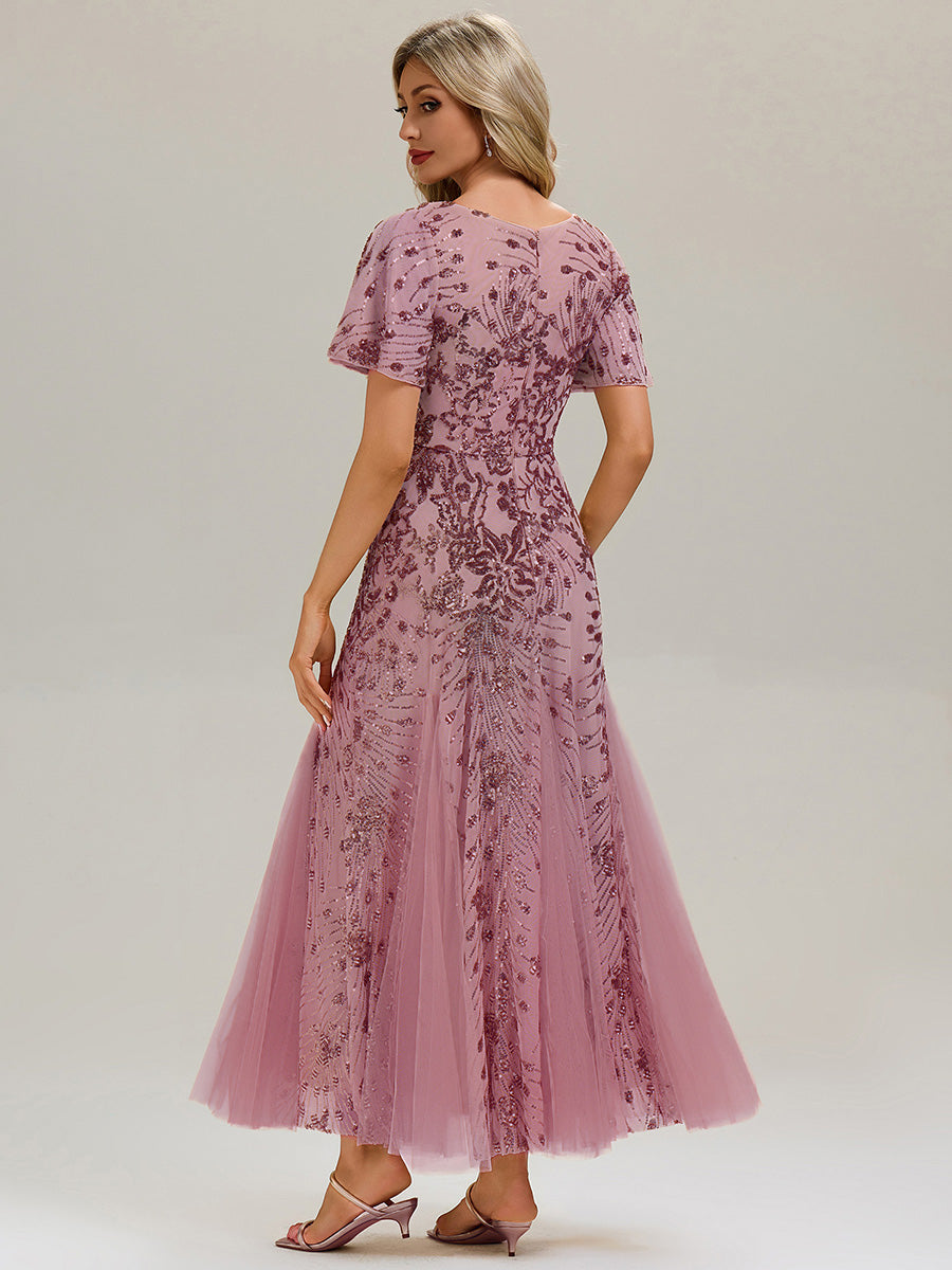 Embroidered Sequin Ruffle Sleeve Evening Dress #color_Purple Orchid