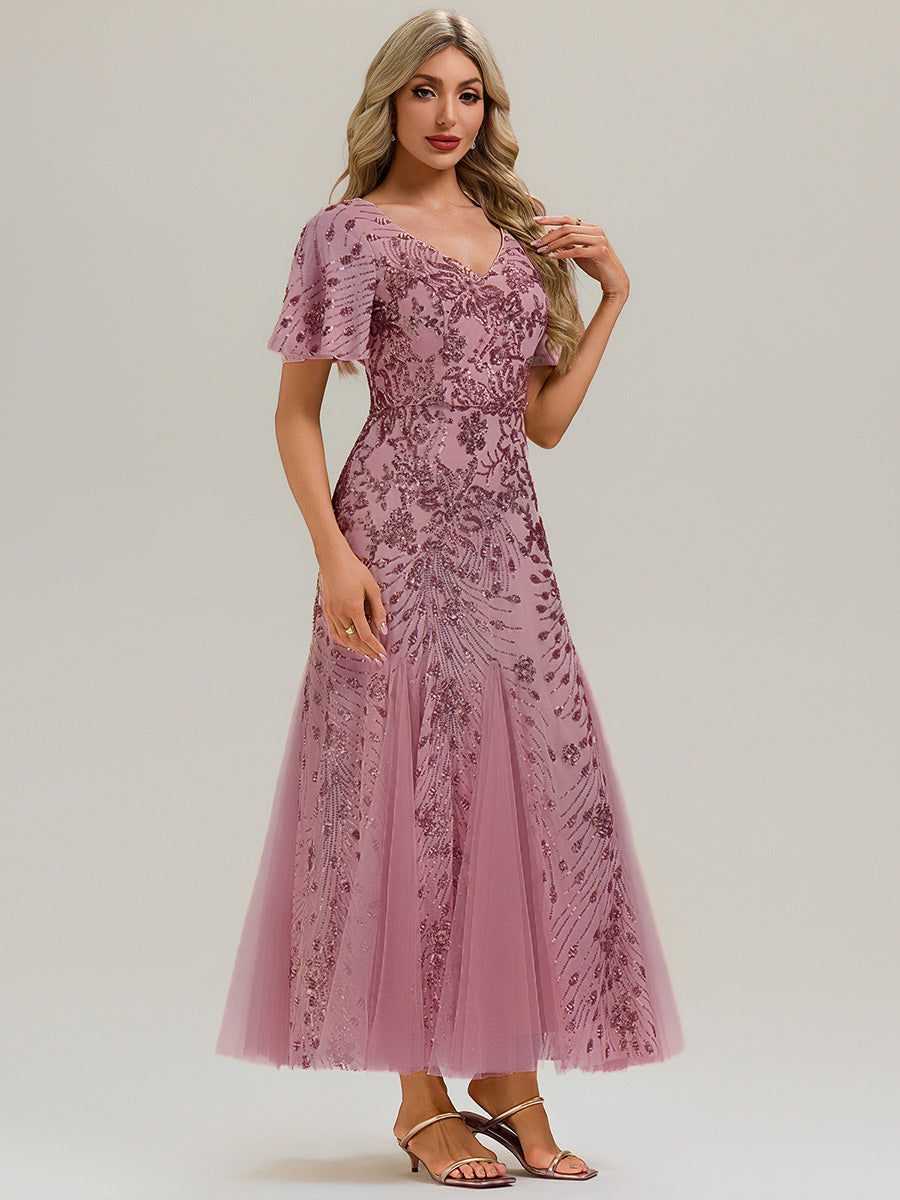 Embroidered Sequin Ruffle Sleeve Evening Dress #color_Purple Orchid