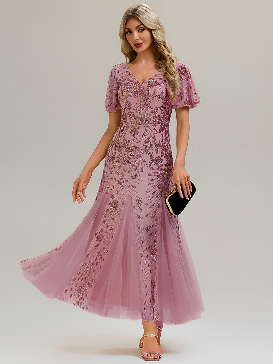 Embroidered Sequin Ruffle Sleeve Evening Dress #color_Purple Orchid